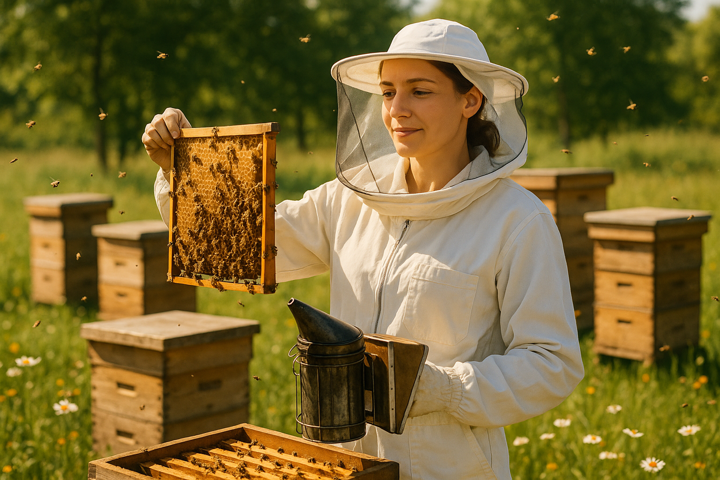 woman beekeeper at beehive